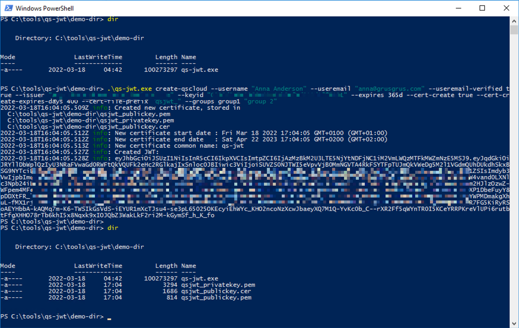 qs-jwt running on Windows Server 2016, creating new cert and key