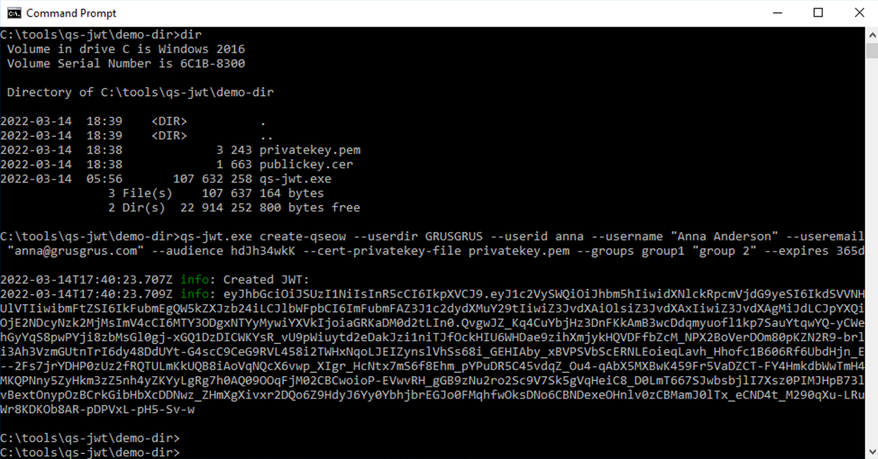 qs-jwt running on Windows Server 2016, using existing key file
